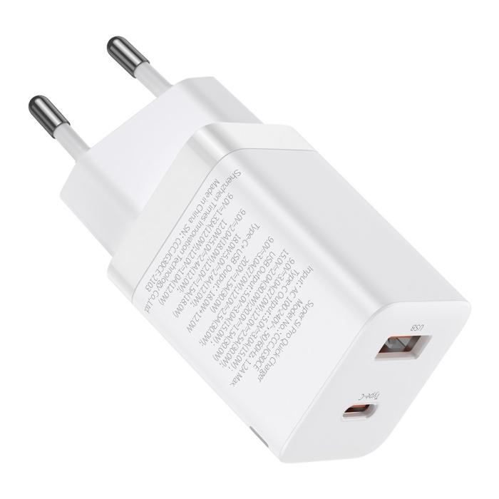 Bild 2, BASEUS Baseus 30W Super Pro USB-C / USB-A PD QC Väggladdare Vit