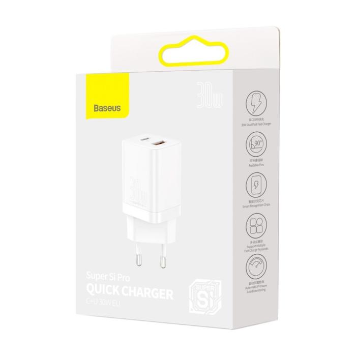 Bild 6, BASEUS Baseus 30W Super Pro USB-C / USB-A PD QC Väggladdare Vit
