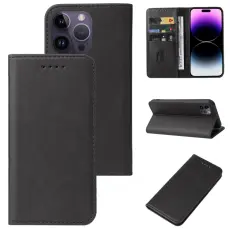  iPhone 15 Pro Fodral Flip L&auml;der Svart