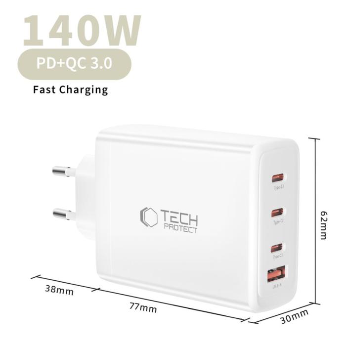 Bild 5, Tech-Protect Tech-Protect 140W Väggladdare PD QC3.0 USB-C/USB-A Vit