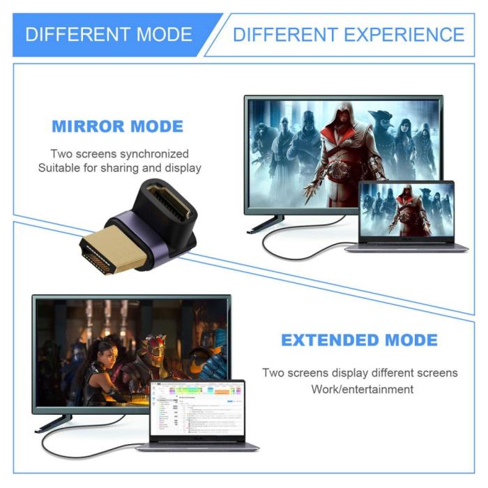 Bild 3,  8K 60Hz 90° Uppvinkel HDMI Hane - HDMI 2.1 Hona Adapter Blå