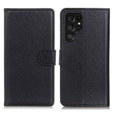  Samsung Galaxy S23 Ultra Fodral Litchi L&auml;der Svart