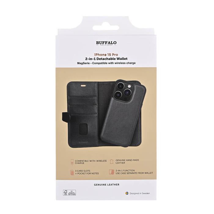 Bild 2, Buffalo Buffalo iPhone 15 Pro Fodral 2in1 Äkta Läder Svart