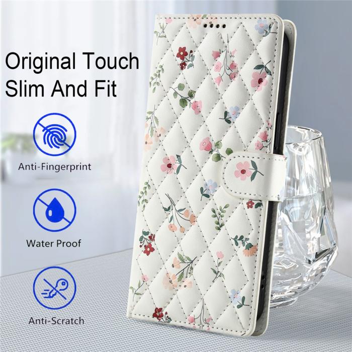 Bild 6,  Samsung Galaxy A37/A36/A56 Fodral Rhombus Läder Blommor Vit