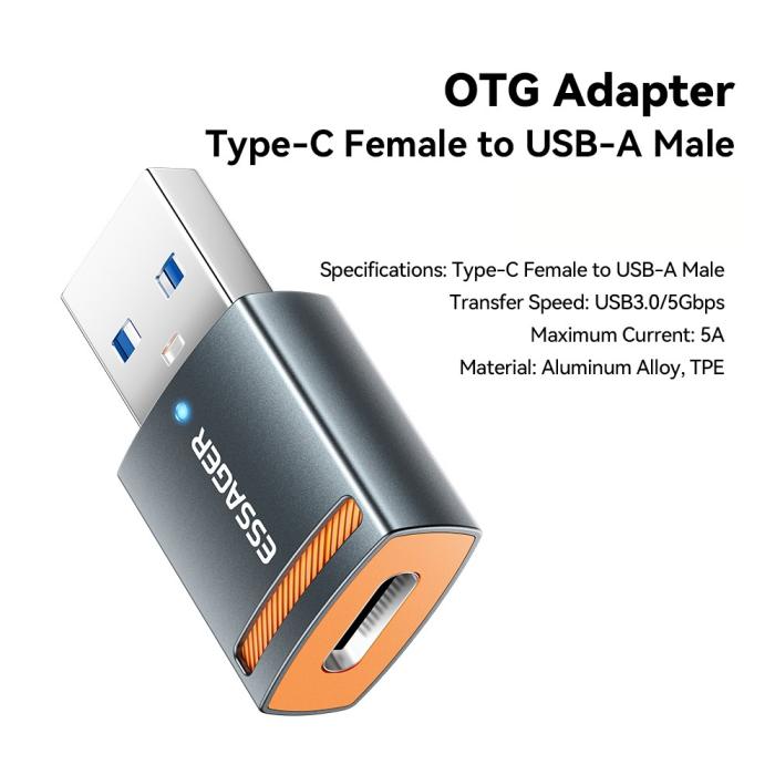 Bild 2, ESSAGER ESSAGER USB-A 3.0 Till USB-C Adapter Grå
