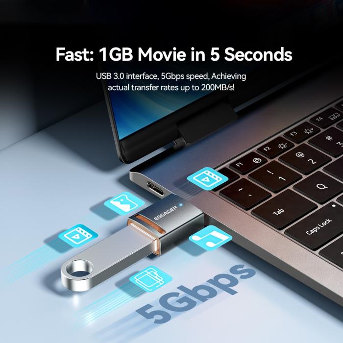 Bild 4, ESSAGER ESSAGER USB-A 3.0 Till USB-C Adapter Grå