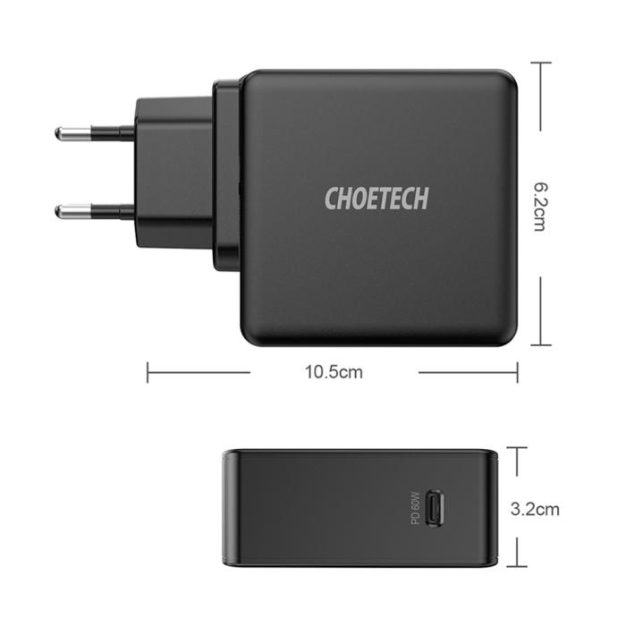 Bild 5, Choetech Choetech 60W USB-C PD Väggladdare Snabbladdning Svart