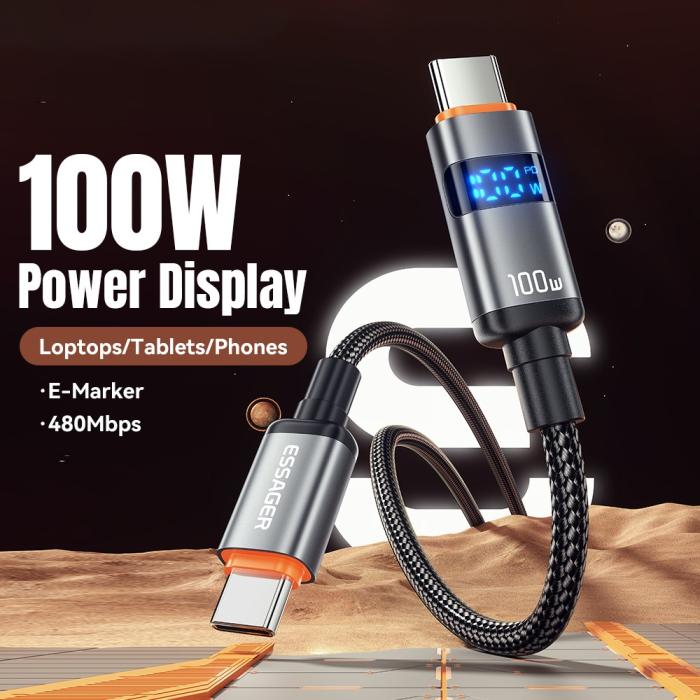 Bild 2, ESSAGER ESSAGER 1 m 100W 5A PD USB-C - USB-C Laddningskabel Svart