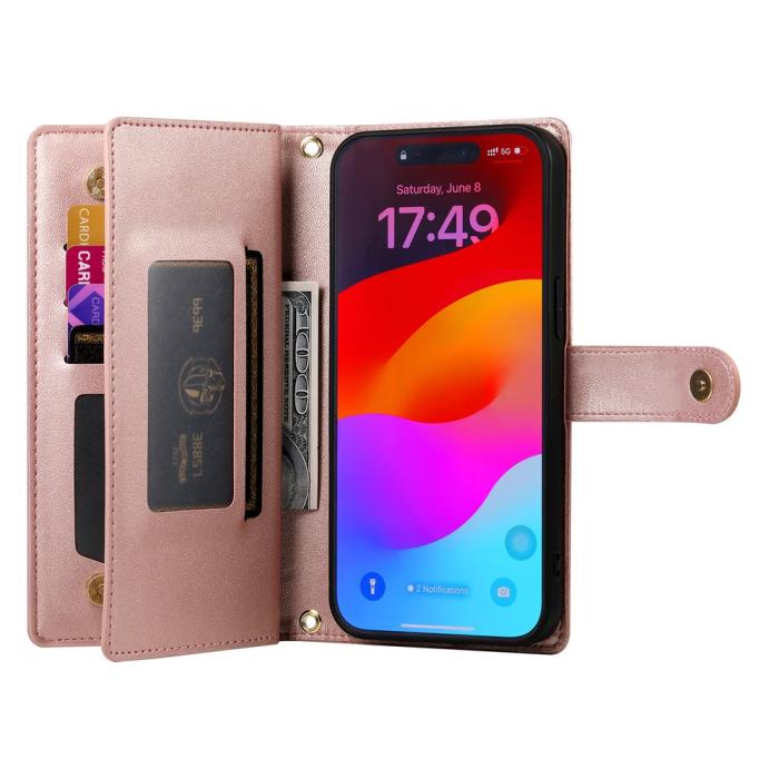 Bild 2,  iPhone 17 Pro Max Fodral Multifunktionell Läder Roséguld