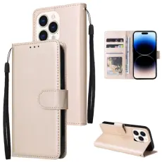  iPhone 14 Pro Fodral L&auml;der Med Snodd Guld