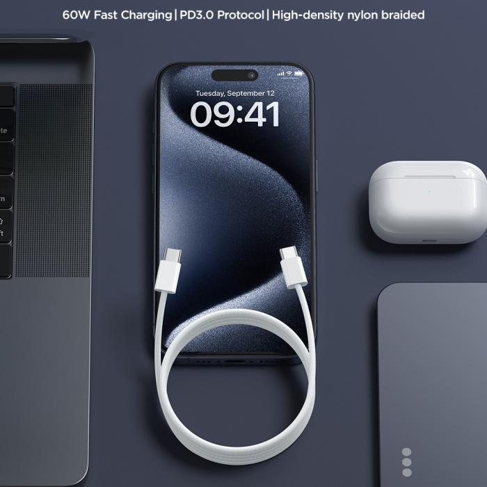 Bild 2, JOYROOM Joyroom 1m 60W USB-C / USB-C Nylonkabel Vit