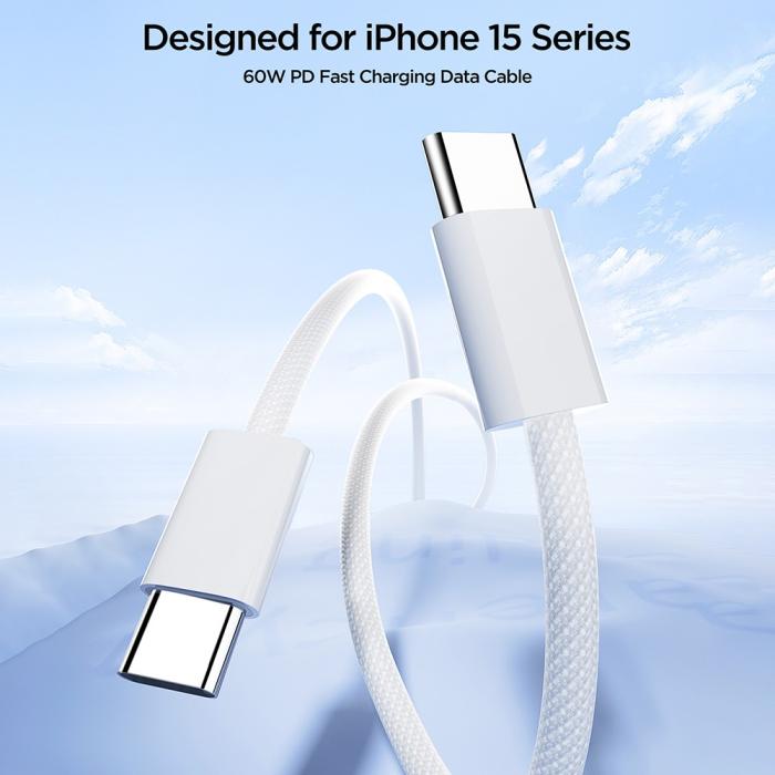 Bild 3, JOYROOM Joyroom 1m 60W USB-C / USB-C Nylonkabel Vit