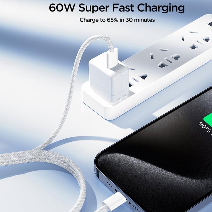 Bild 5, JOYROOM Joyroom 1m 60W USB-C / USB-C Nylonkabel Vit