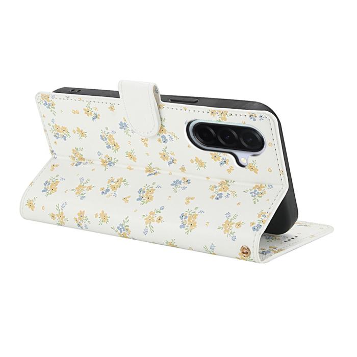 Bild 3,  Samsung Galaxy A37/A36/A56 Fodral Rhombus Läder Blommor Vit
