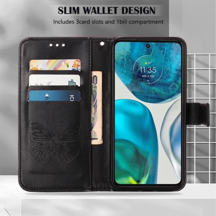 Bild 4,  Motorola Moto G52/G82 Fodral Tryckt Fjäril Svart