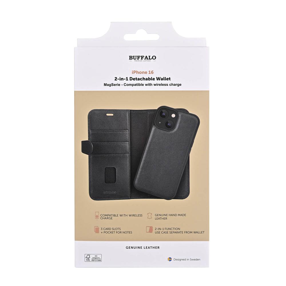 Buffalo Buffalo iPhone 16 Fodral MagSafe 2in1 Äkta Läder Svart