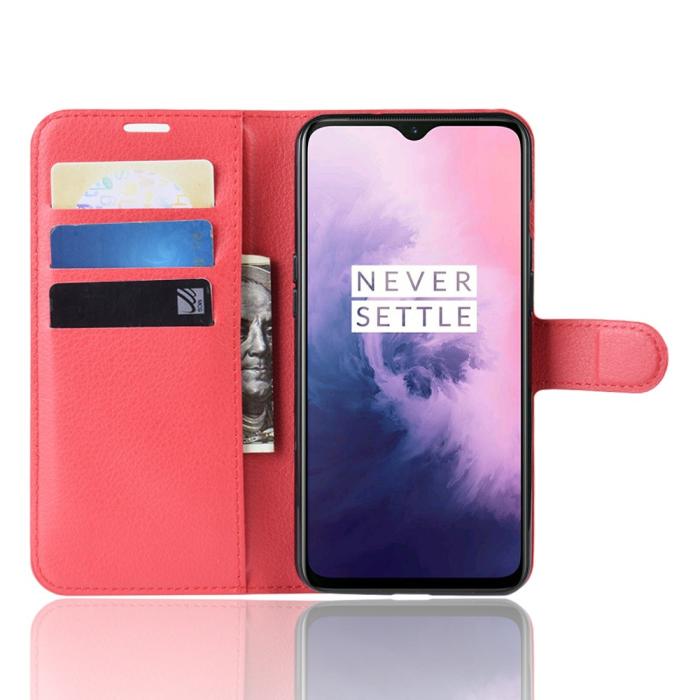 Bild 4,  OnePlus 7 - Litchi Plånboksfodral - Röd