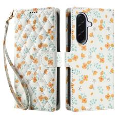 Samsung Galaxy A57 5G Fodral Rhombus L&auml;der Blommor Vit