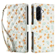  Samsung Galaxy A57 5G Fodral Rhombus L&auml;der Blommor Vit