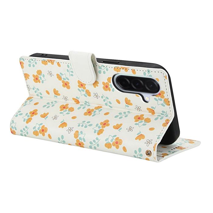 Bild 3,  Samsung Galaxy A57 5G Fodral Rhombus Läder Blommor Vit