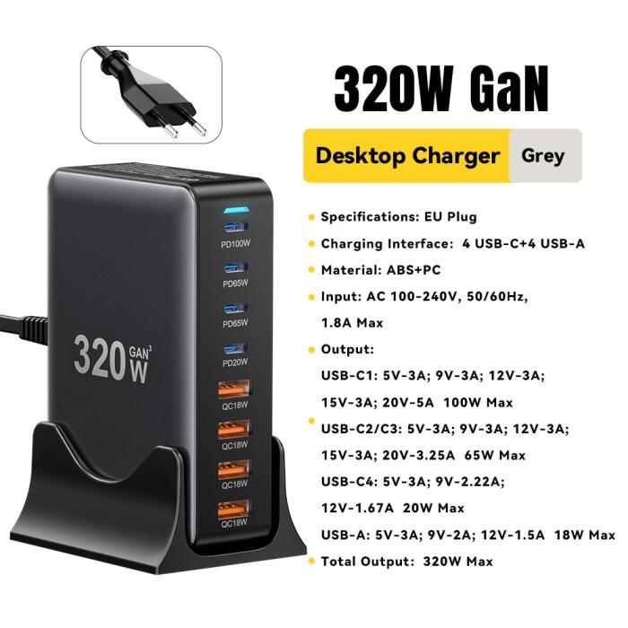 Bild 2, ESSAGER ESSAGER 320W Laddningsstation USB-C / USB-A Svart