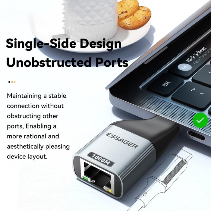 Bild 2, ESSAGER ESSAGER USB-C Hona Till RJ45 Adapter Grå