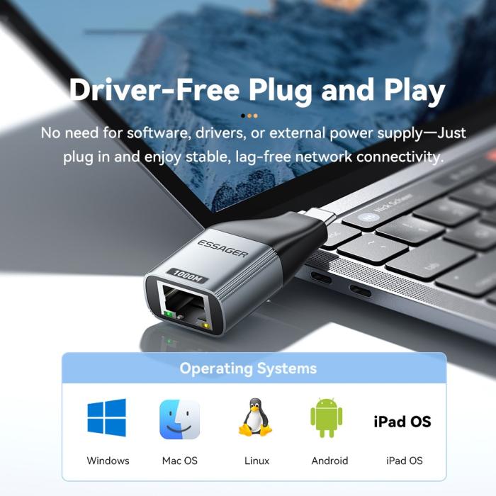 Bild 4, ESSAGER ESSAGER USB-C Hona Till RJ45 Adapter Grå