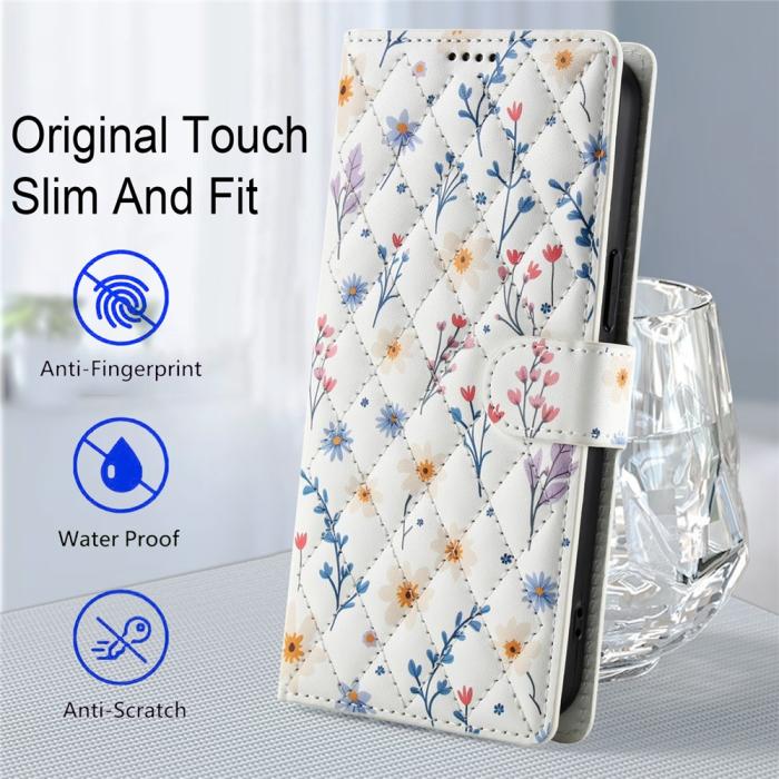 Bild 6,  Samsung Galaxy A57 5G Fodral Rhombus Läder Blommor Vit
