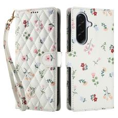  Samsung Galaxy A57 5G Fodral Rhombus L&auml;der Blommor Vit