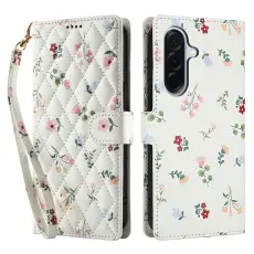  Samsung Galaxy A57 5G Fodral Rhombus L&auml;der Blommor Vit