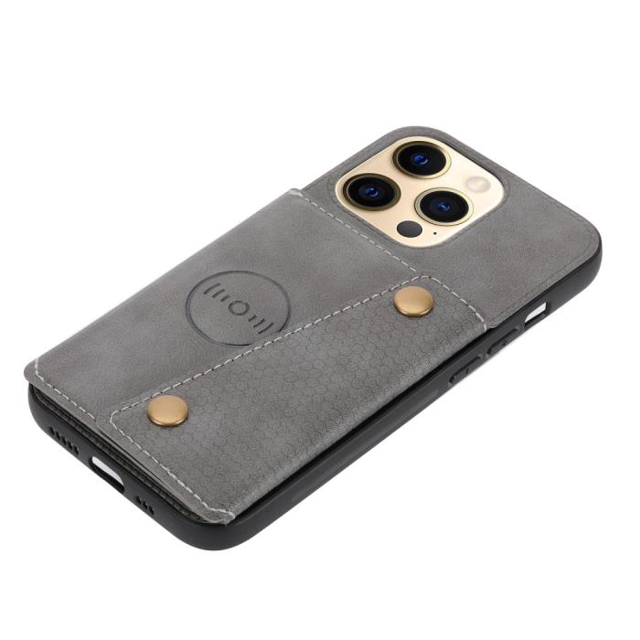 Bild 5,  iPhone 13 Pro Max Skal Läder Med Kortfack Och Magnet Grå