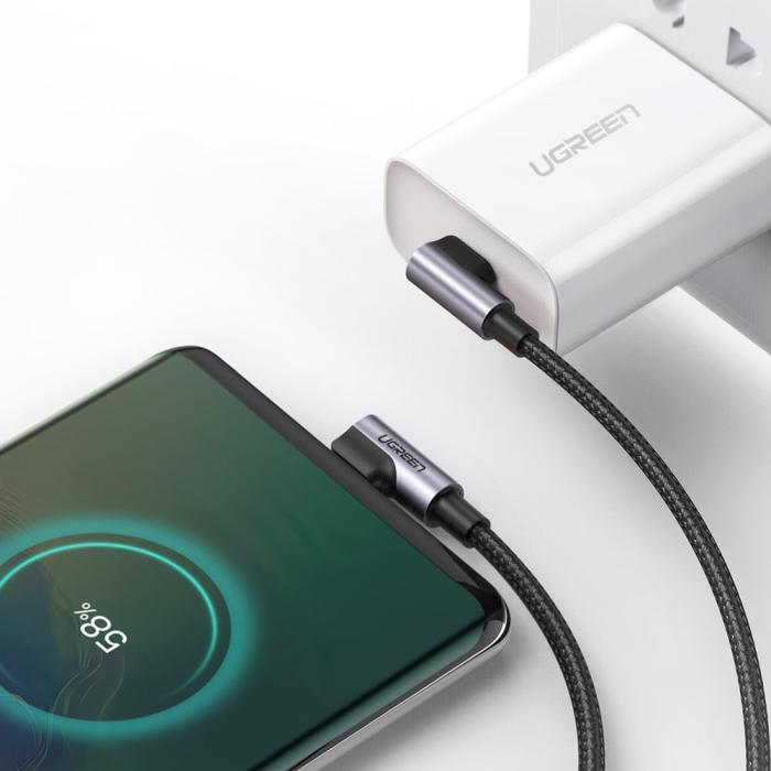 Bild 5, UGREEN Ugreen 1m 3A Elbow USB-C PD QC FPC Flätad Nylon Kabel Svart/Grå