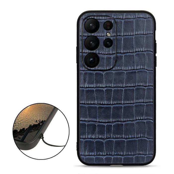 Bild 2,  Samsung Galaxy S23 Ultra Skal Äkta Läder Krokodil Textur Blå