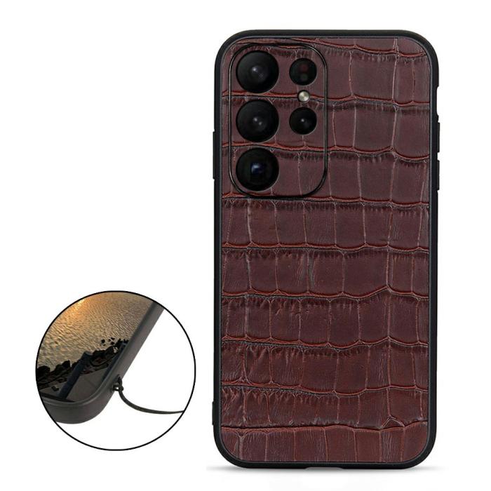 Bild 2,  Samsung Galaxy S23 Ultra Skal Äkta Läder Krokodil Textur Brun