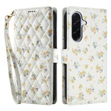  Samsung Galaxy A57 5G Fodral Rhombus L&auml;der Blommor Vit