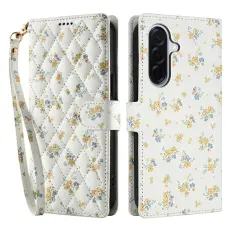  Samsung Galaxy A57 5G Fodral Rhombus L&auml;der Blommor Vit