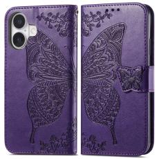  iPhone 16 Fodral Fj&auml;ril Tryck M&ouml;rk Lila