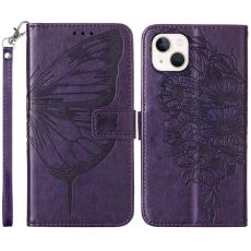  iPhone 15 Plus Fodral Med Tryck Fj&auml;ril M&ouml;rk Lila
