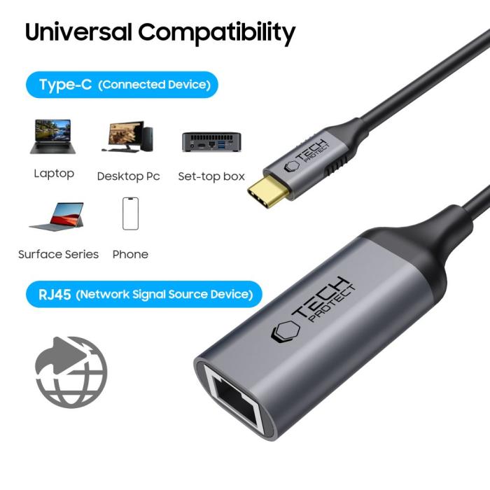 Bild 2, Tech-Protect Tech-Protect USB-C - RJ45 Ethernet Adapter Ultraboost Svart