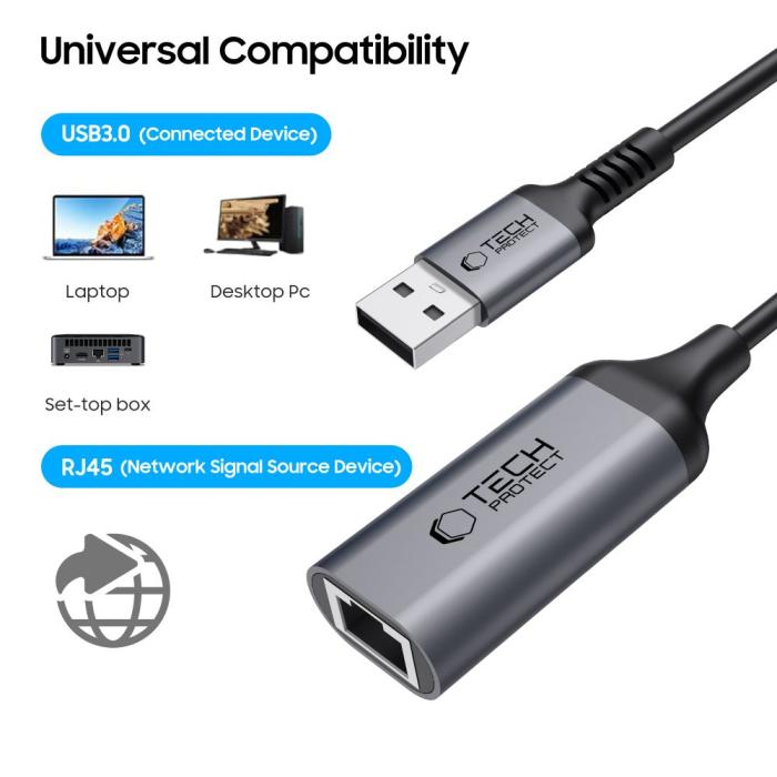 Bild 3, Tech-Protect Tech-Protect USB 3.0 - RJ45 Ethernet Adapter Ultraboost Svart