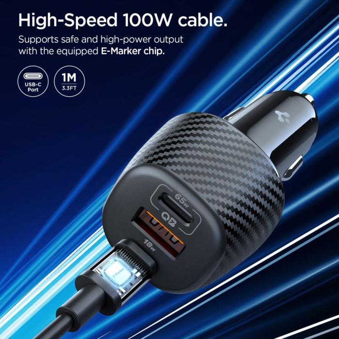 Bild 4, Spigen Spigen 113W USB-C / USB-A Billaddare Essential Svart