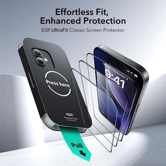 Bild 2, ESR ESR iPhone 17 / 16 Pro 2-PACK Skärmskydd UltraFit Härdat Glas Transparent