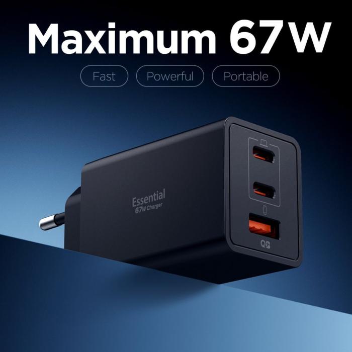 Bild 2, Spigen Spigen 67W Väggladdare 2x USB-C / USB-A Essential Svart