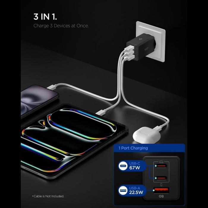 Bild 3, Spigen Spigen 67W Väggladdare 2x USB-C / USB-A Essential Svart