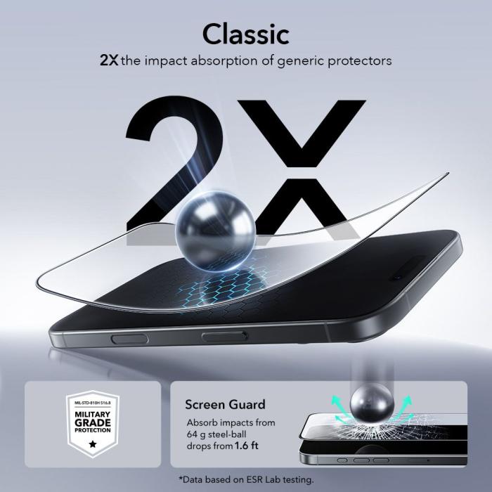 Bild 5, ESR ESR iPhone 17 / 16 Pro 2-PACK Skärmskydd UltraFit Härdat Glas Transparent