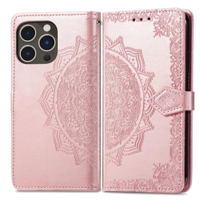 Bild 2,  iPhone 15 Pro Fodral Mandala Läder Roséguld