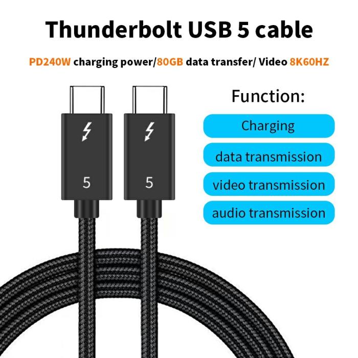 Bild 2,  1m Thunderbolt 5 Kabel USB-C 240W 8K / 60Hz PD Svart