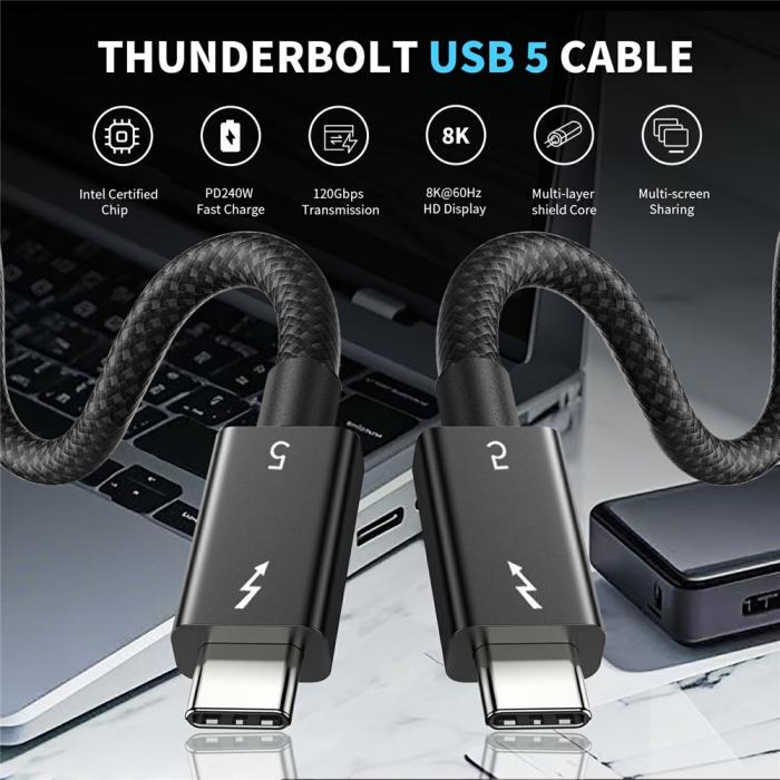 Bild 6,  1m Thunderbolt 5 Kabel USB-C 240W 8K / 60Hz PD Svart