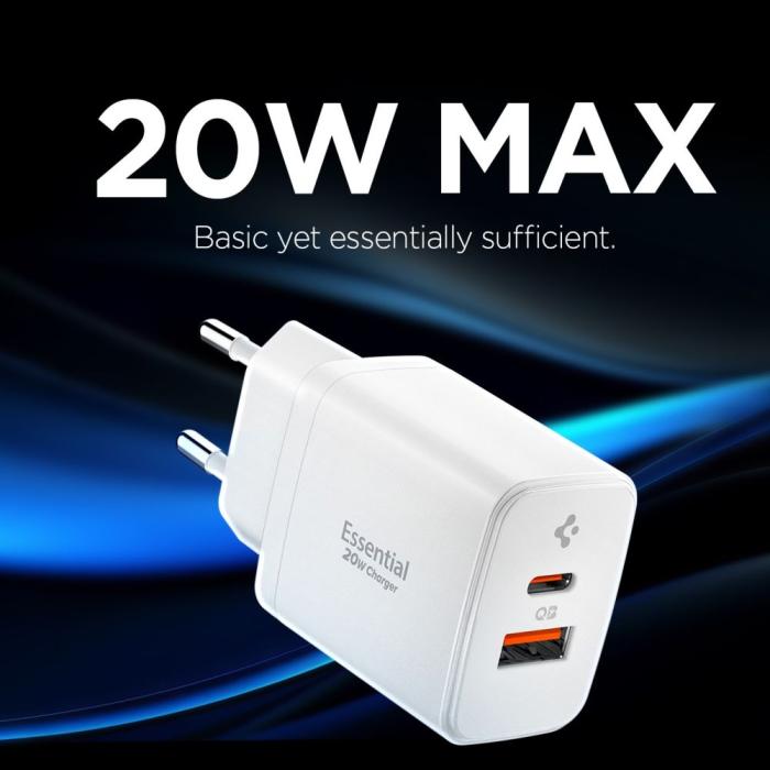 Bild 4, Spigen Spigen 20W Väggladdare USB-C / USB-A Essential Vit