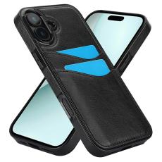  iPhone 16 Skal Med Kortfack L&auml;der Svart